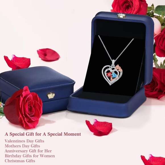 Sterling Silver Heart Necklace with Birthstones - Perfect Gift for Wife, Mom, Gi - Picture 6 of 8